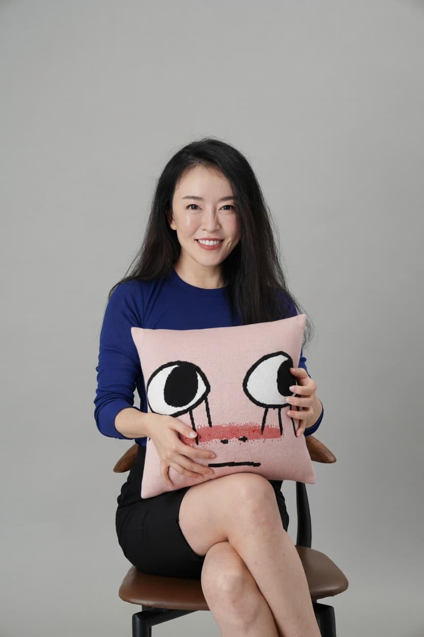 图2的女生手里的手册替换为图1的靠垫，手和手臂可相应自然变化
